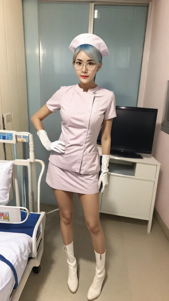 1woman, solo, nurse, nurse hat, white clothes, ((white leg clothes, nurse.beautiful, white gloves, glasses, blue hair, orange eyes, pink lips, standing, ((hospital room)), bold lines, short sleeves, mature woman, 32 years old, top quality, masterpiece