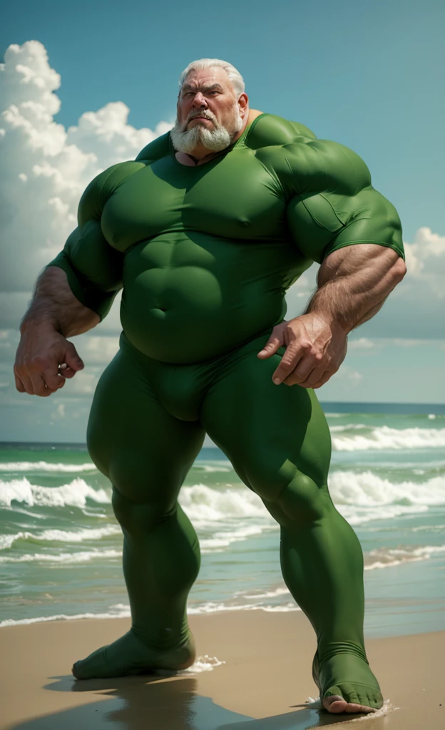 A large, overweight, muscular, elderly man wearing green bodysuit on a beach