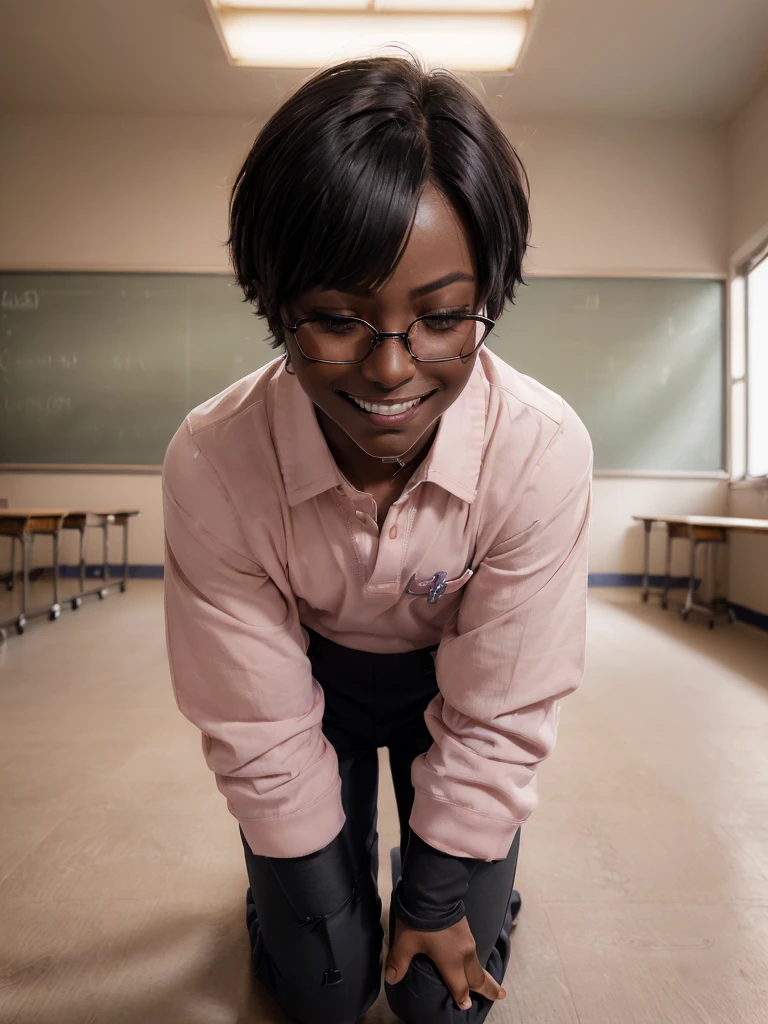 (1 feminine boy solo:1.7),(dark skin:1.5),(masterpiece:1.2), highest quality, High resolution, unity 8k wallpaper, (fine and beautiful eyes:1.6), highly detailed face, perfect lighting, Detailed CG, (perfect hands, perfect anatomy),20 years old, (black hair:1.3), detailed eyes, best quality, extremely detailed, very precise detailed, (glasses:1.4), (blunt bangs:1.5), (open mouth:1.2), (short hair:1.5), (evil smile:1.4), , (half closed eyes:1.3) ,long sidelocks, (blush:1.3),(kneeling:1.3),(Put left knee in front:1.5),(school uniform pant:1.5),