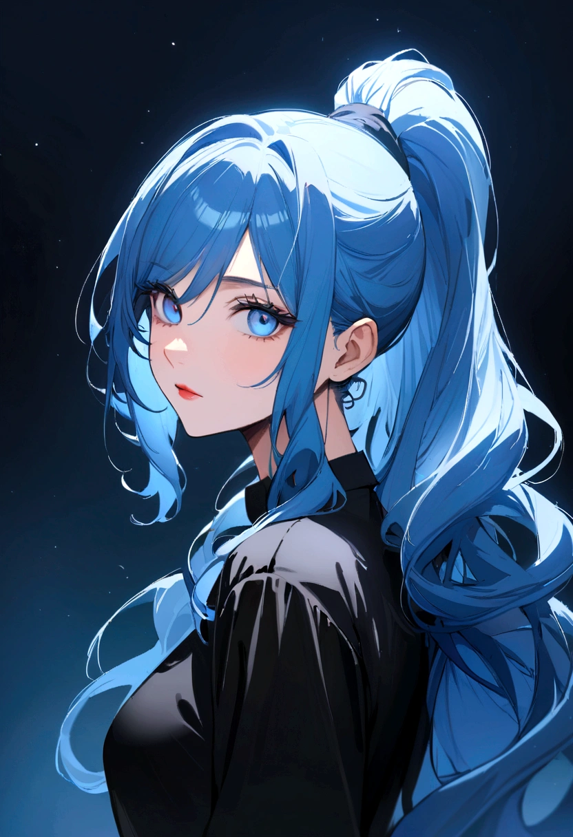 (Highest quality)(1 woman,single,blue sapphire hair,{long hair|Bold side lock|Clearly visible strและs of hair|high ponytail|hair above shoulder|naturally curved|,blue eyes ,black shirt,Turn to look at the viewer,) look behind