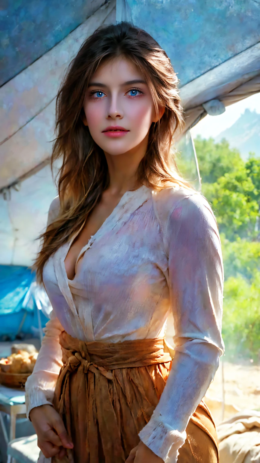 1 woman, Russian, beautiful, blue eyes, white hair,((upper body selfie, happy)), Filming in a tent, Beautiful backlight, Tent Open Sign, She is holding a white rose, Masterpiece, Best Quality, Ultra-detailed, Solo, exteriors, (natta), Antarctica, Nature, (sao, the moon) cheerful, happy,, Cosy in a sleeping bag, Inside the tent, When you open the tent, You can see some nice horsemen outside.., woods, rock formations, rivers, wood, smoke, shadowy, contrast, clear skies, analog style (looking up at viewer:1.2) (skin texture) (film grain:1.3), (warm hue, warm tone:1.2), close-up, Cinematic light, Sidelighting, The ultra-Highres, best shadows, ..raw, upper half body, wearing pullover, Relaxed and intimate photos, white hairs,
