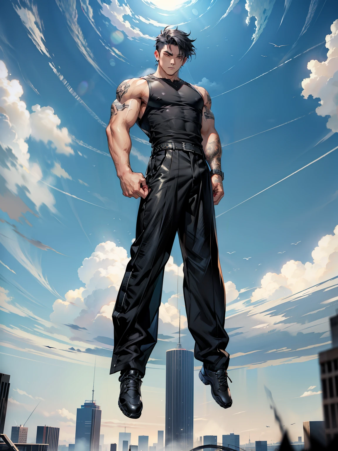 boys 26 Years old, Serious face, wearing black sleeveless shirt, black pants, black hair, levitate on sky, blue sky, cloud