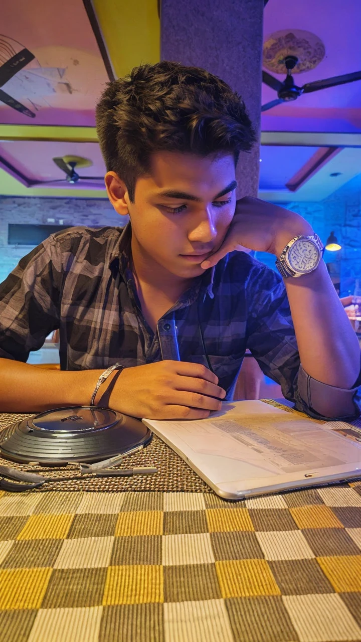 One teenager boy code in laptop at night with lamp