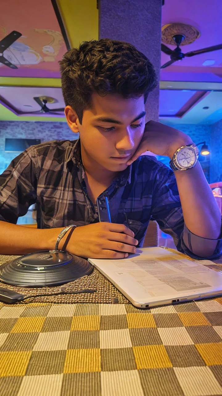 One teenager boy code in laptop at night with lamp