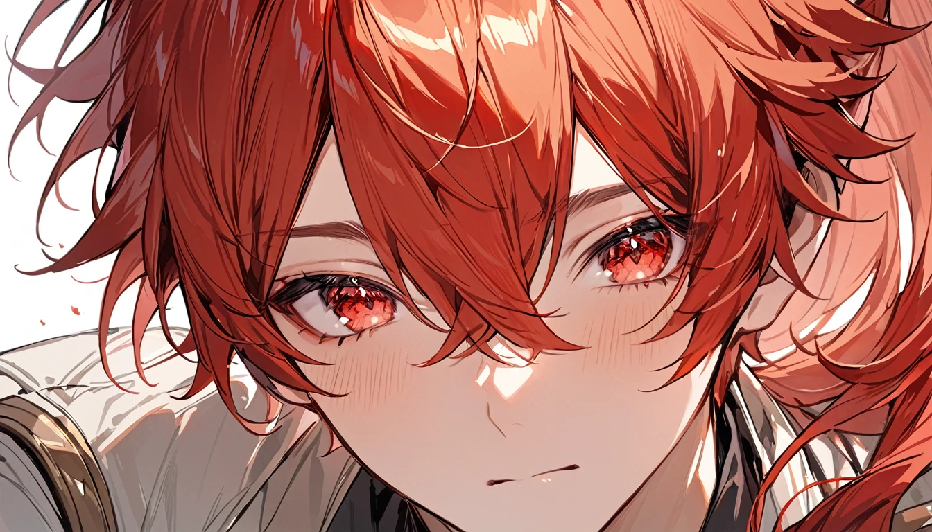 masterpiece, Highest quality, A long time ago (Genshin Impact), One boy, Male Focus, Redhead, Red eyes, Long Hair, alone, Simple Background, White Background, Hair between the eyes, bangs, Mouth closed, ponytail, Shine, View your viewers, Antenna Hair, Cropped shoulders, shirt, Jacket, Portraiture, black shirt, tie, collared shirt