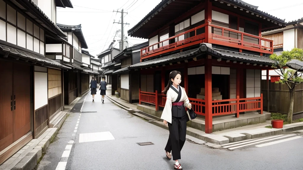 A girl walking through a Japanese-style street