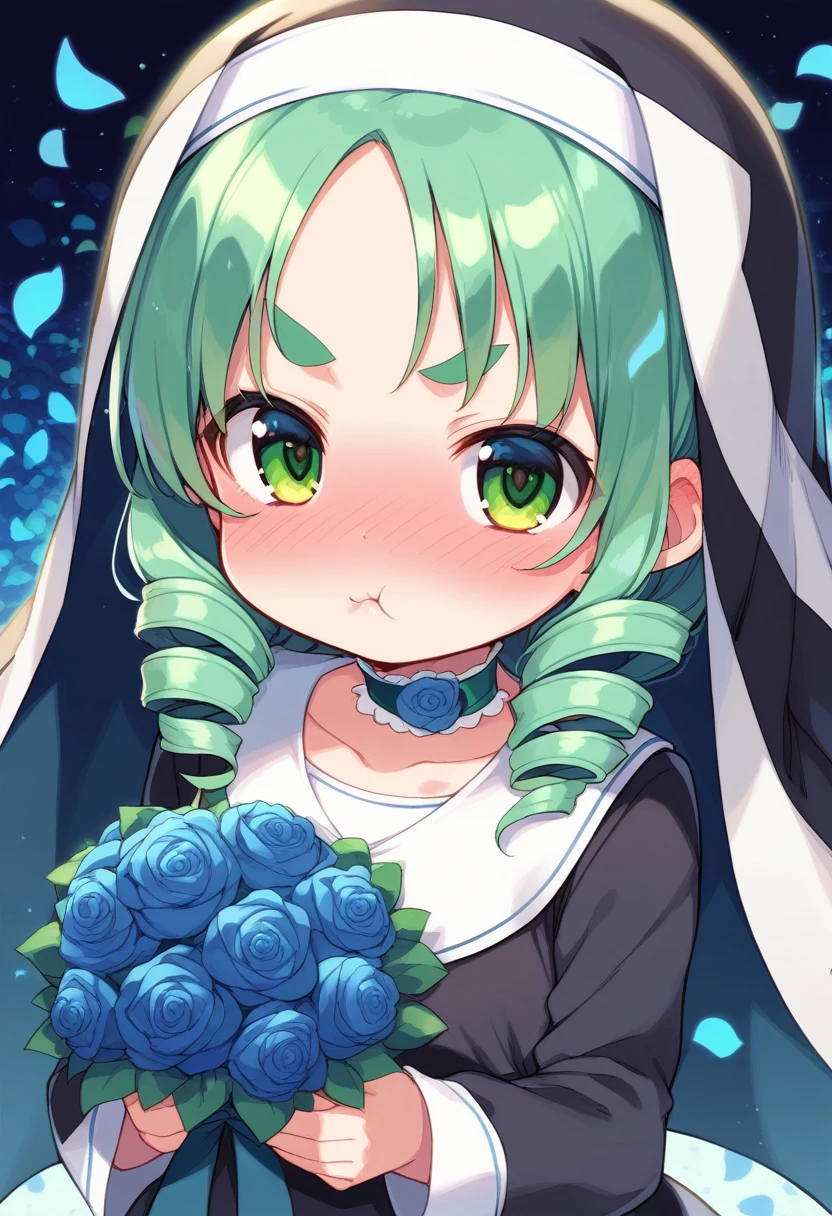 score_9, ,score_7_up, score_6_up, 1girl, source_cartoon, source_anime,breathtalking Scenery,watercolor,smooth soft skin, natural skin,mjm
BREAK
(:1.4),(little female child:1.4), small breast,cute face, (lolidler:1.1), 6 yo,kawaii, (highlight on eyes), (jiggly:0.8), shiny skin,beautiful eyes, detailed eyes, puffy eyes,
BREAK
(medium green hair:1.3),(green maro eyebrows:1.6),pouty and slightly grumpy,(pout:1.2), ::(, (jitome),(frown:0.6),drill hair, green eyes, full_face blush,
BREAK
(zigzag pattern nun dress), (pastel veil:1.2),choker,nun,excessive detailed collarbone,
flowerbackground,flowergarden,blue rose bouquet, (digits behind blue rose bouquet:1.3), (hands behind colorful rose bouquet:1.3),heart falling petals,
(holding bouquet:1.1), celebration, Congratulations,confetti, bloom effect,dynamicangle,pastelcolor,upturned eyes,heart ribbon