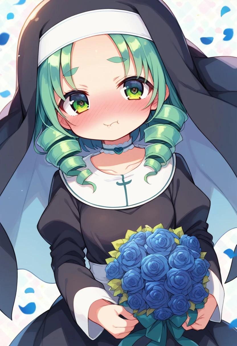 score_9, ,score_7_up, score_6_up, 1girl, source_cartoon, source_anime,breathtalking Scenery,watercolor,smooth soft skin, natural skin,mjm
BREAK 
(loli:1.4),(little female child:1.4), small breast,cute face, (loli toddler:1.1), 6 yo,kawaii, (highlight on eyes), (jiggly:0.8), shiny skin,beautiful eyes, detailed eyes, puffy eyes,
BREAK 
(medium green hair:1.3),(green maro eyebrows:1.6),pouty and slightly grumpy,(pout:1.2), ::(, (jitome),(frown:0.6),drill hair, green eyes, full_face blush,
BREAK 
(zigzag pattern nun dress), (pastel veil:1.2),choker,nun,excessive detailed collarbone,
flowerbackground,flowergarden,blue rose bouquet, (digits behind blue rose bouquet:1.3), (hands behind colorful rose bouquet:1.3),heart falling petals,
(holding bouquet:1.1), celebration, Congratulations,confetti, bloom effect,dynamicangle,pastelcolor,upturned eyes,heart ribbon