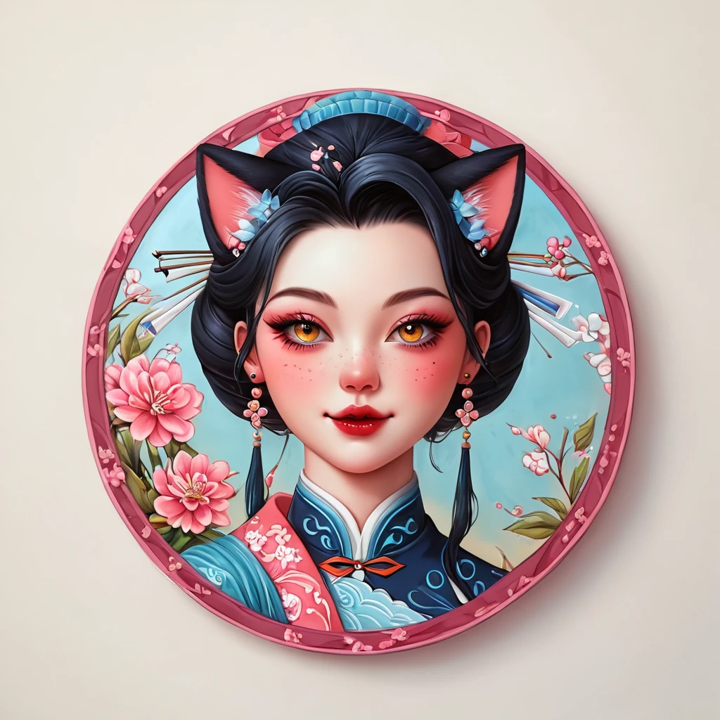 round frame, round circle, circular, create a Japanese circular seal kamon (very colorful with contrast) in the size of the picture on a white background, an indigo-gold art deco circle with a floral art deco pattern in the middle the upper body picture of a stunning beautiful hanfu girl (long black hair)with a beautifully designed clothing with georgeous patterns and massive flower hanfu headpiece. she is posing in front of plain graphic japanese background inside the round frame. cat ear, vampy fang,cateyes, pink cherry blossoms