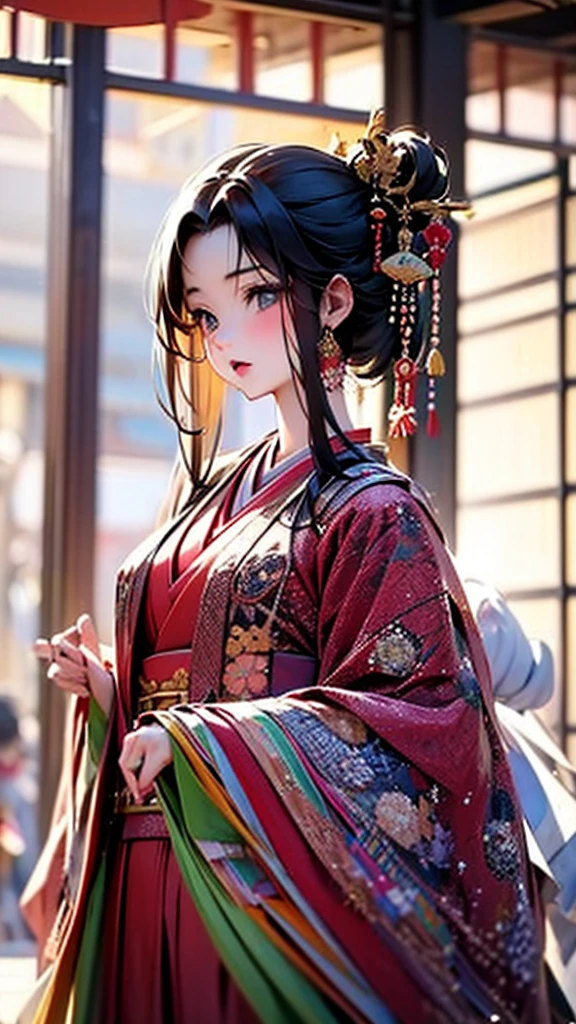 　A beautiful 15-year-old Japanese princess from the Sengoku period with long black hair　Gorgeous embroidery, Ultra glossy, She is wearing a shiny Edo-period princess kimono.　She takes out her nipples and squeezes out the milk