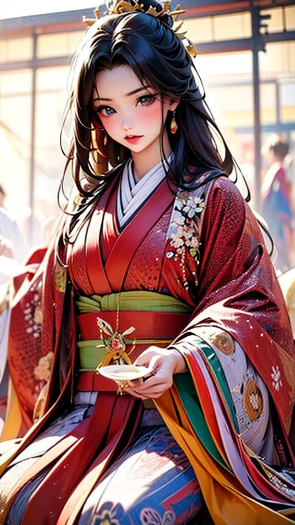 　A beautiful 15-year-old Japanese princess from the Sengoku period with long black hair　Gorgeous embroidery, Ultra glossy, She is wearing a shiny Edo-period princess kimono.　She takes out her nipples and squeezes out the milk