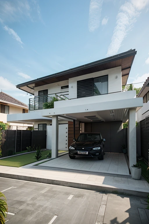 create a 3D rendering of a modern Indonesian house, Modern architecture with clean lines and a minimalist aesthetic. A stylish, secure front fence made of a combination of metal and wood., A well-maintained garden with a variety of tropical plants and flowers. and carport