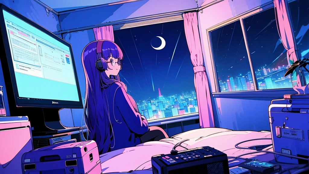 (from behind), Anime girl sitting in front of a computer in a cozy bedroom, Girl listening to music while studying in a cozy room (night), round glasses, Using headphones, on the roof, (beautiful night views from windows), lots of things, 2D anime style, The aesthetics of anime in the 90s, lo-fi, long hair, very detailed, Hard disk, A mix of anime style and Fujifilm, surreal, 8K, masterpiece, violet eyes,black gloves, round glasses, long sleeves,violet hair, Flat Chest, smile, pantyhose