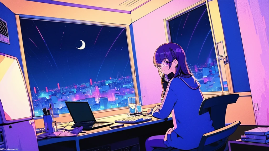 (from behind), Anime girl sitting in front of a computer in a cozy bedroom, Girl listening to music while studying in a cozy room (night), round glasses, Using headphones, on the roof, (beautiful night views from windows), lots of things, 2D anime style, The aesthetics of anime in the 90s, lo-fi, long hair, very detailed, Hard disk, A mix of anime style and Fujifilm, surreal, 8K, masterpiece, violet eyes,black gloves, round glasses, long sleeves,violet hair, Flat Chest, smile, pantyhose