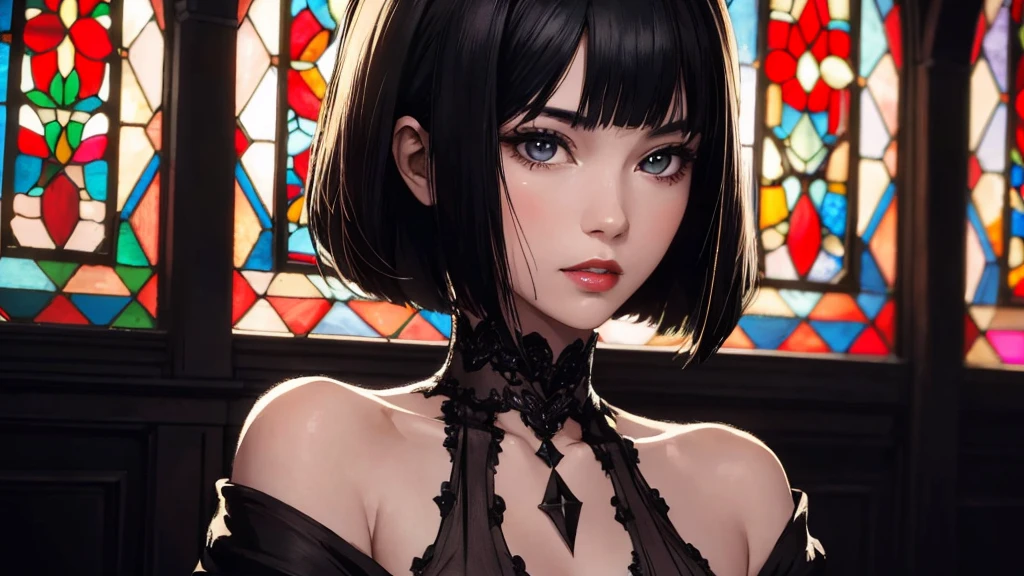masterpiece, Highest quality, Stained glass style art, Upper Body, Portrait of a beautiful girl with a bobcut, Wearing a black outfit with a deep slit, (The best light), (Red lips:0.8), Beautiful Face, colorful, Photorealistic, High Contrast, Highly detailed background, Super detailed, Highly detailed skin, Shine, Film Grain, According to II, Lens flare, sharp, Cinematic Light