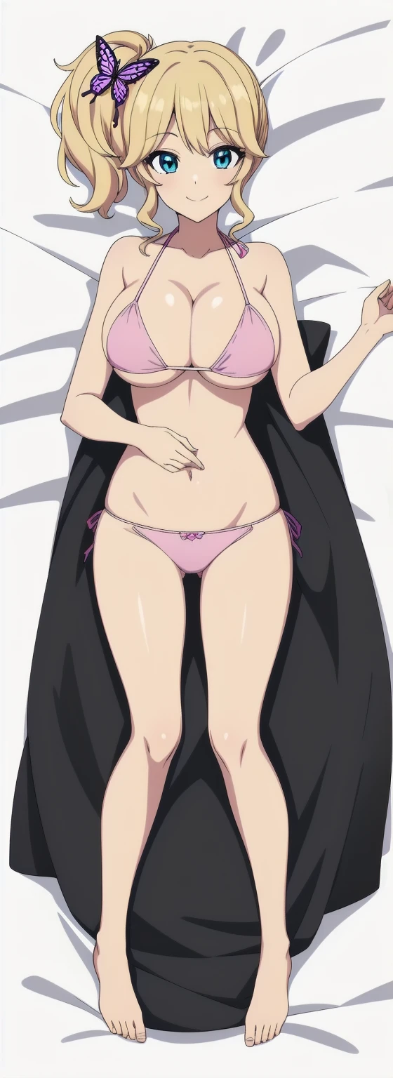 anime style, best quality, high quality, detailed face, detailed eyes,
((white background, solid white background)), dakimakura,
(on back, laying, full body), Looking at Viewer,
Kiri Izumi, solo, solo focus, blond hair, side ponytail, hair butterfly ornament, large breasts,
pink bikini, cleavage, navel, smile,