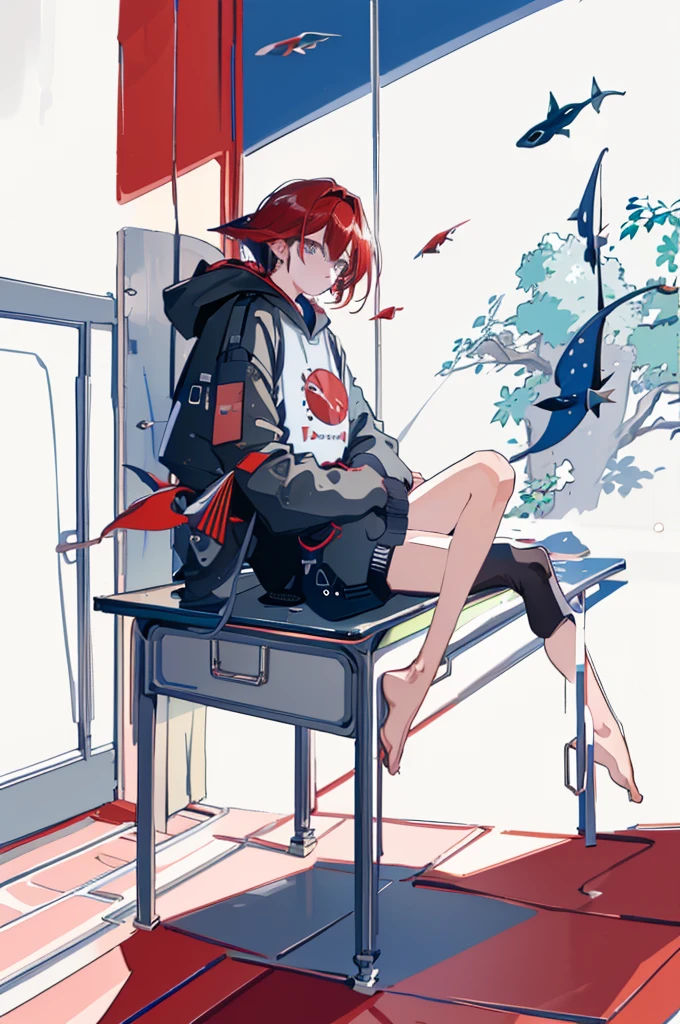 linear art, 1 boy, solo, Dark red hair, longer sleeves, sitted, The barefoot, Indoors, Hood, Bare legged, , desks, kneesup, desk work, (The fish, airbubble, Under water, airbubble),