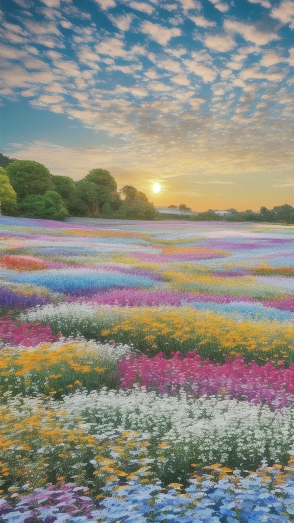 a Flower Field with a sunset in the background, 幻想的なFlower Field, Flower Field, Flower Field, Flower Field, Flower Field background, an aesthetic Flower Field, 野生のFlower Field, Flower Fields, 雑Flower Field, with Flower Fields as foreground, Flower Field, Meadow with flowers, in a Flower Field, Amazingly colorful landscapes