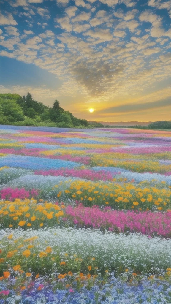 a Flower Field with a sunset in the background, 幻想的なFlower Field, Flower Field, Flower Field, Flower Field, Flower Field background, an aesthetic Flower Field, 野生のFlower Field, Flower Fields, 雑Flower Field, with Flower Fields as foreground, Flower Field, Meadow with flowers, in a Flower Field, Amazingly colorful landscapes