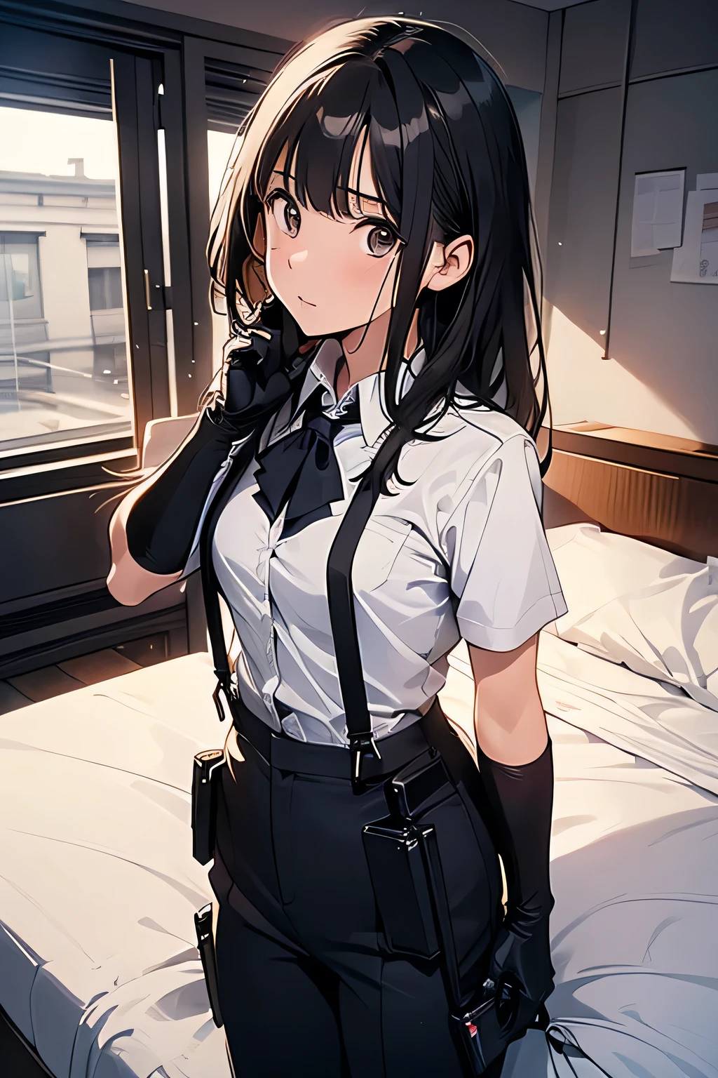1 female, , high quality, masterpiece, Ultra-high resolution, , Cinema Lighting, , , And the suspenders with the cranes flying Moderate breasts Small face holster Lying in bed Looking up Sweat belt summer 脇Sweat Black Hole Gloves suit shirt Black jacket Black trousers Leg Links ズボンにbelt holster Hands behind your back Anxious expression Looking up Anxious face