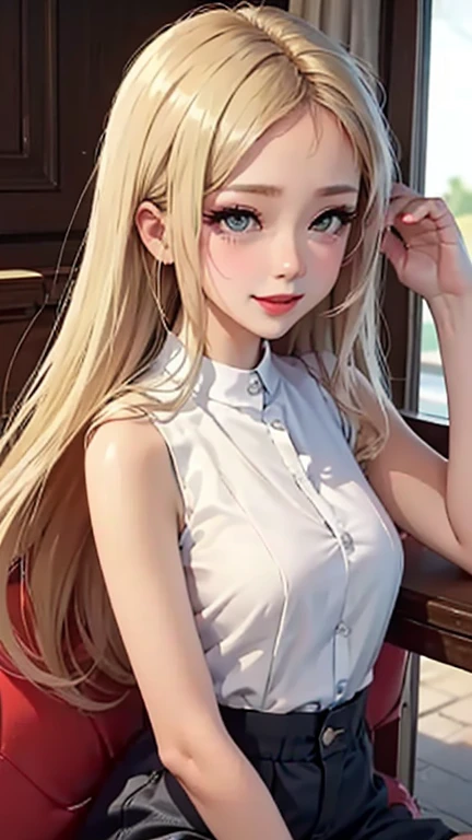 blush a little and smile, (Top quality masterpiece:1.2) Delicate illustrations, Very detailed, /Beautiful Japanese Women、1 person,Very cute and slim、Great style 、((8K images、super high quality))、Very delicate face, Skin and Hair、beautifule forehead、Red lipstick、(((((Mid-length hair、Blonde、lure))))),Very cute Japanese cut face、Eyes and nose are clearly visible、Kind eyes,((((Sleeveless fashion))))