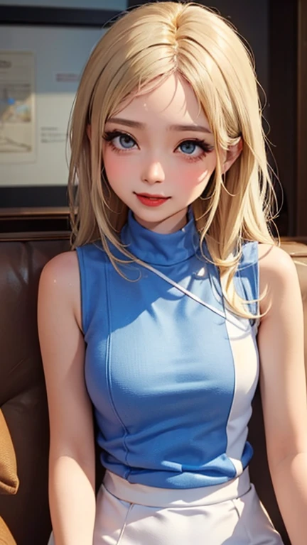blush a little and smile, (Top quality masterpiece:1.2) Delicate illustrations, Very detailed, /Beautiful Japanese Women、1 person,Very cute and slim、Great style 、((8K images、super high quality))、Very delicate face, Skin and Hair、beautifule forehead、Red lipstick、(((((Mid-length hair、Blonde、lure))))),Very cute Japanese cut face、Eyes and nose are clearly visible、Kind eyes,((((Sleeveless fashion))))