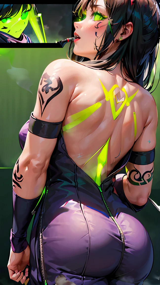 ((Seductive Ninja Woman:1.6))、(Long black hair、Purple Eyes)、((tight black and red ninja outfit、Exposed shoulders and back、Ninja Tool Pouch、Hourglass figure))、Confident expression、((The gesture of tying hair:1.3、Arch your back and look back))、Moonlit night view of Konohagakure Village、Realistic anime style, ((Glowing tattoo on the back:1.8)), (Green glowing steam:1.8)