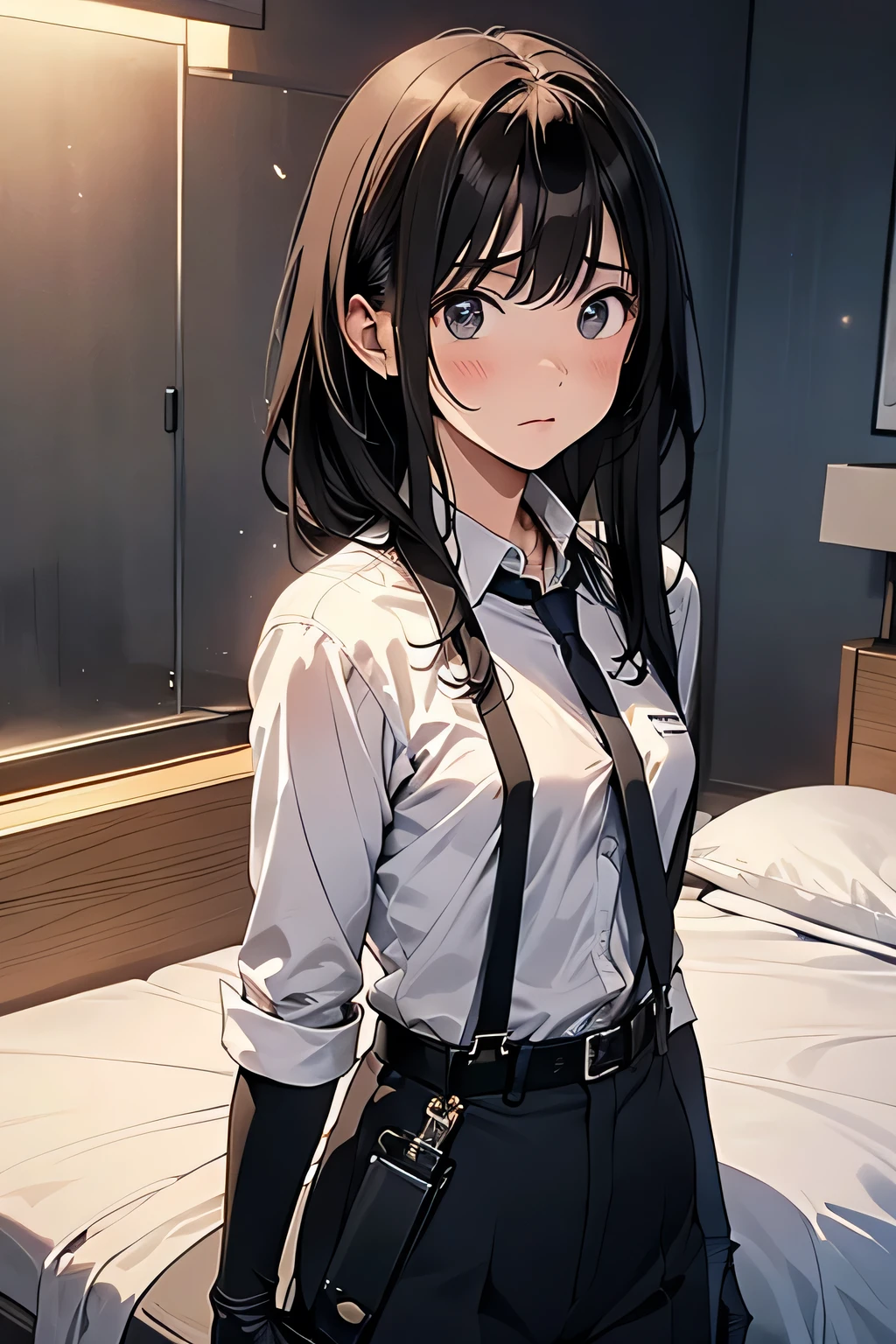 1 female, , high quality, masterpiece, Ultra-high resolution, , Cinema Lighting, , , And the suspenders with the cranes flying Moderate breasts Small face holster Lying in bed Looking up Sweat belt summer 脇Sweat Black Hole Gloves suit shirt Black jacket Black trousers Leg Links ズボンにbelt holster Hands behind your back Anxious expression Looking up Anxious face