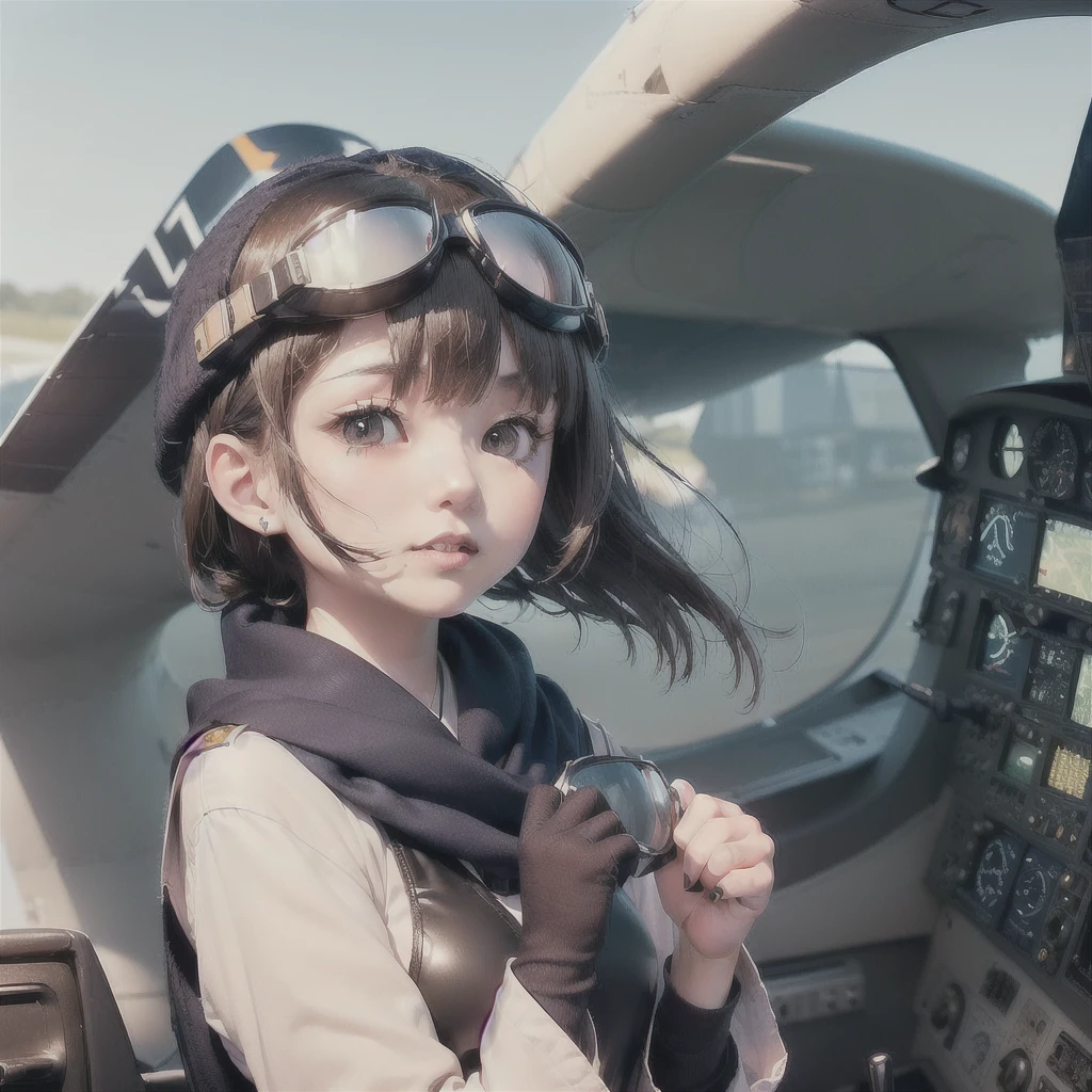(((one japanese girl, pilot, prop plane, airplane, fighter aircraft, Fighter Pilot, Cockpit of a fighter, A6M Zero fighter plane, wearing a flying cap, Flying cap with goggles, wearing a white silk scarf, the scarf fluttering in the wind

