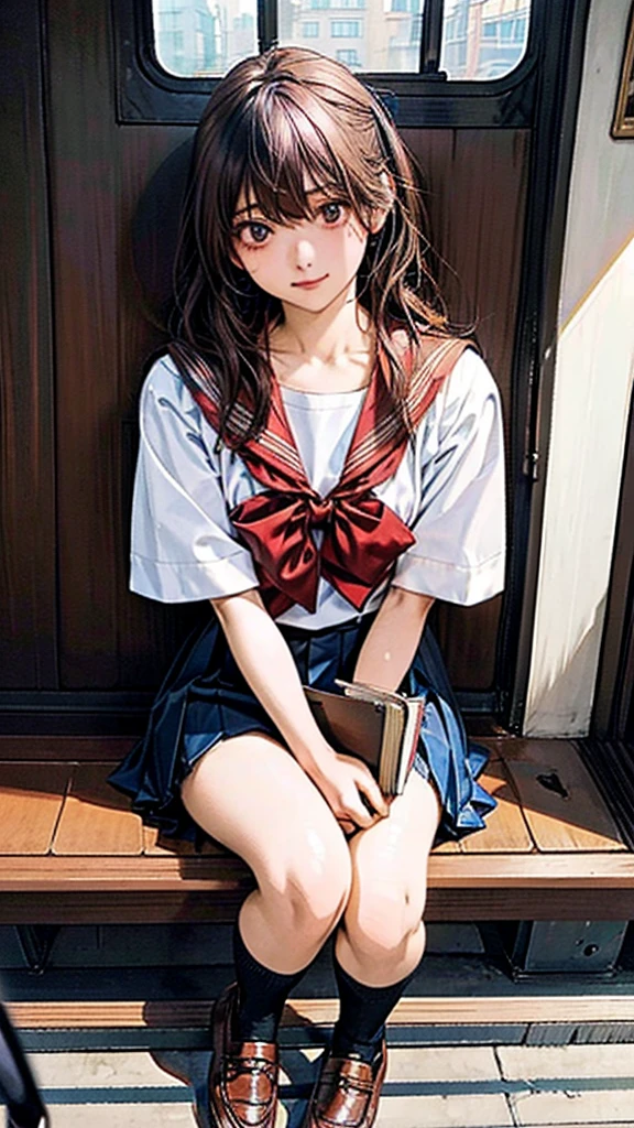 POV,Shiny, sweaty thighs,Japanese , sitting on a train seat, reading a book, wearing a sailor uniform, white shirt, red ribbon, brown leather shoes, black knee-high socks, peaceful expression, holding a book, train interior, morning light, calm atmosphere, urban setting, high quality, highly detailed, realistic photo, intricate details