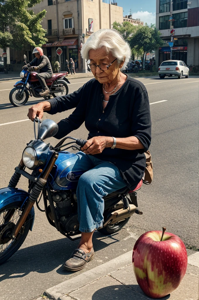 A poor old lady on the roadside was making a beautiful sculpture from an apple with her trembling hands, while motorcycles were passing by.