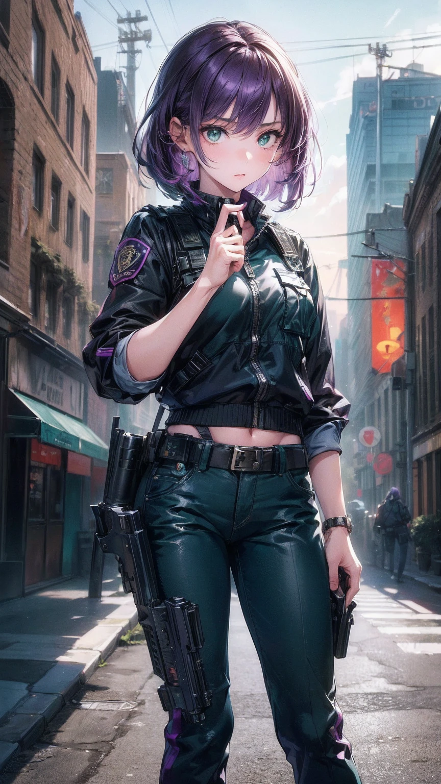 ((masterpiece)), ((best quality)), ((high resolution)), 1 Girl, Solitary, police officer, (matching pants, casual pants), City background, (Holding and aiming a pistol, Detailed handgun, Glock 22, Trigger discipline), permanent, Medium Length Hair, (Purple Hair, Double tail), (Green Eyes),