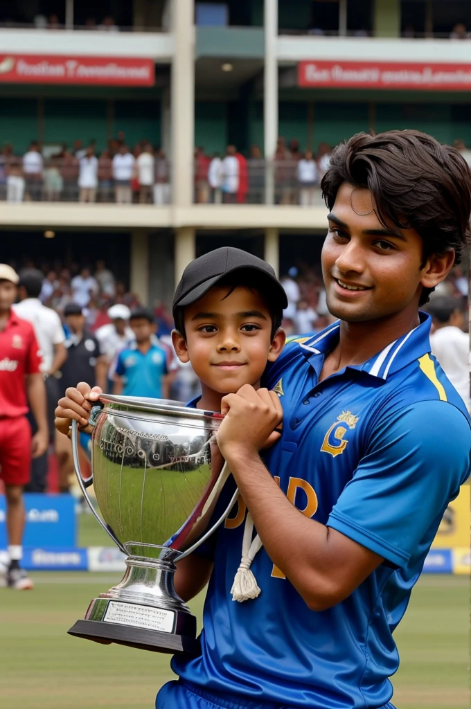 A boy cricketer gets a trophy real image