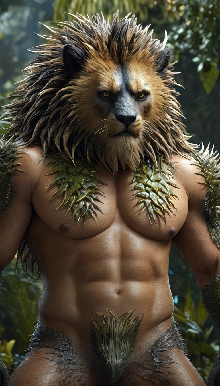 There is a kind of beast，Looks like a human，The body is covered with coarse, hard, and thorny hair（best quality，4K，8K，High level，masterpiece：1.2），Ultra Detailed，（lifelike，Photo real，Photo real：1.37），Highly detailed animals，Complex patterns，Realistic lighting，Fantasy Creatures