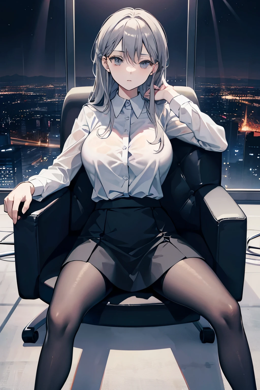 Woman in business clothes, Formal Blazer, White blouse, Heel, Black high waist business skirt, Black see-through pantyhose, beautiful, masterpiece, Highest quality, Highly detailed face, Perfect lighting, Nice hands, Perfect hands, (Gray Hair:1.2), Long Hair, (Grey Eyes:1.2), Slim figure, Long legs, thin, Medium chest, Businesswoman, chief executive officer(CEO), sitting in a luxurious black leather office chair, Huge modern windows with night city skyline in the background, Crossing your legs