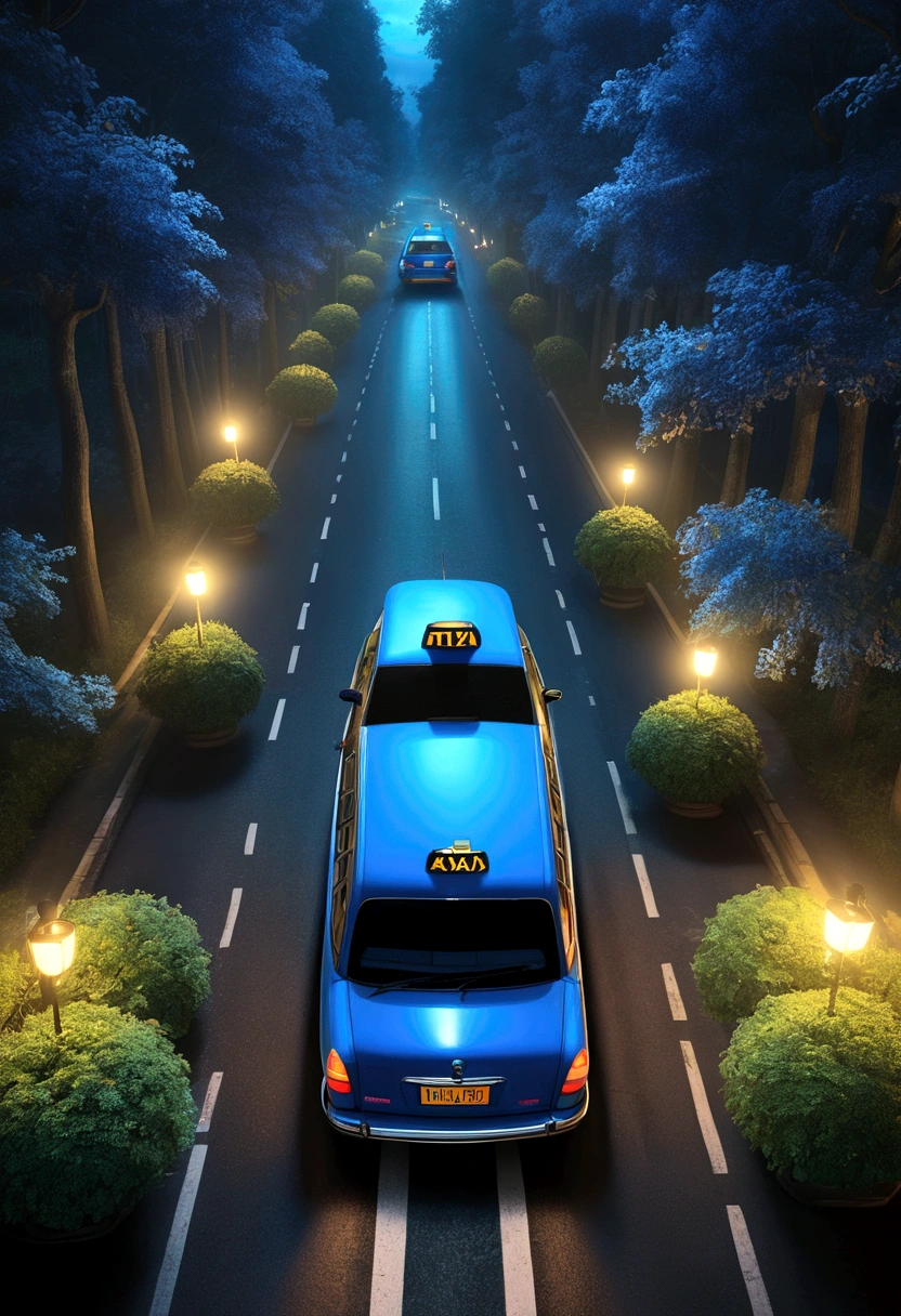 A blue taxi in the middle of a road, surrounded by a dense forest at night, shot from an overhead perspective showing the back of the taxi, (best quality,4k,8k,highres,masterpiece:1.2),ultra-detailed,(realistic,photorealistic,photo-realistic:1.37),HDR,UHD,comic,cartoon,3D,concept art,dramatic lighting,cinematic composition,vibrant colors,moody atmosphere