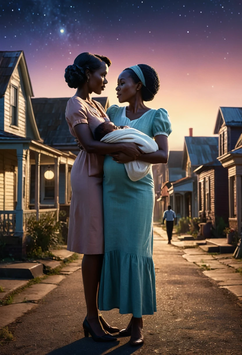 A vibrant town called Meridian in the 1930s with a black midwife holding a newborn baby, Jessie, under southern skies. Three black sisters and a black brother standing nearby, cinematic action, cinematic lighting, backlighting, masterpiece, anatomically correct, textured skin, super detail, 8k atmospheric perspective, depth of field,