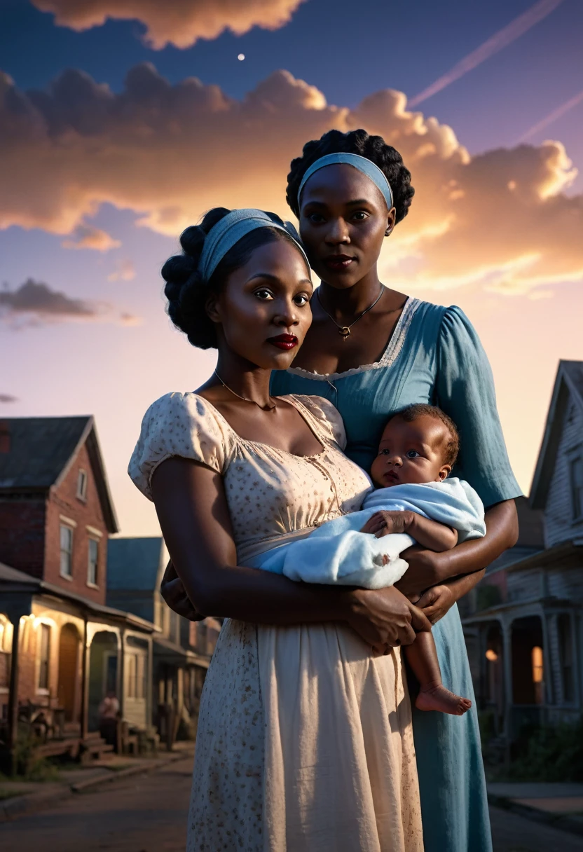 A vibrant town called Meridian in the 1930s with a black midwife holding a newborn baby, Jessie, under southern skies. Three black sisters and a black brother standing nearby, cinematic action, cinematic lighting, backlighting, masterpiece, anatomically correct, textured skin, super detail, 8k atmospheric perspective, depth of field,

