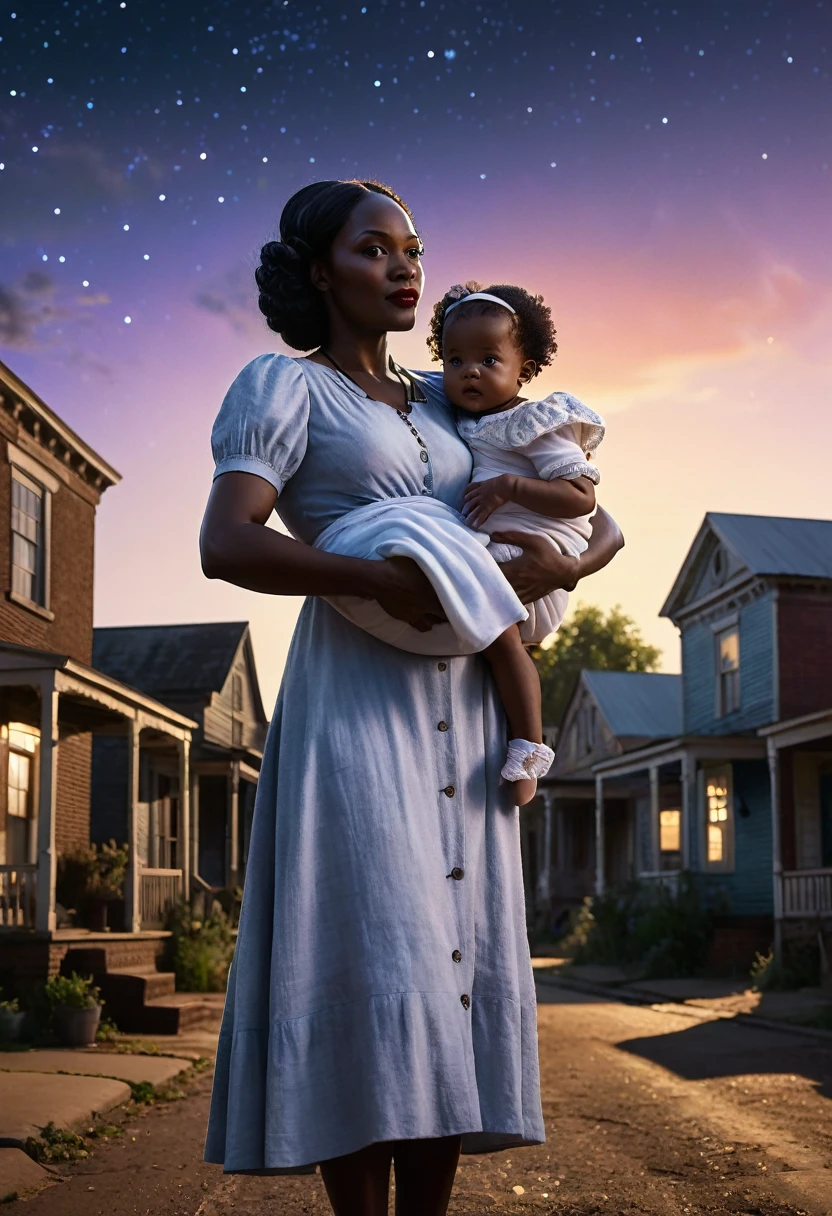 A vibrant town called Meridian in the 1930s with a black midwife holding a newborn baby, Jessie, under southern skies. Three black sisters and a black brother standing nearby, cinematic action, cinematic lighting, backlighting, masterpiece, anatomically correct, textured skin, super detail, 8k atmospheric perspective, depth of field,