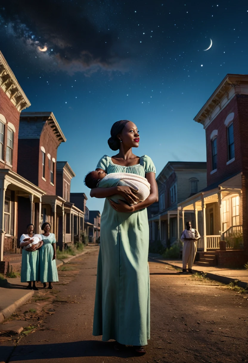 A vibrant town called Meridian in the 1930s with a black midwife holding a newborn baby, Jessie, under southern skies. Three black sisters and a black brother standing nearby, cinematic action, cinematic lighting, backlighting, masterpiece, anatomically correct, textured skin, super detail, 8k atmospheric perspective, depth of field,
