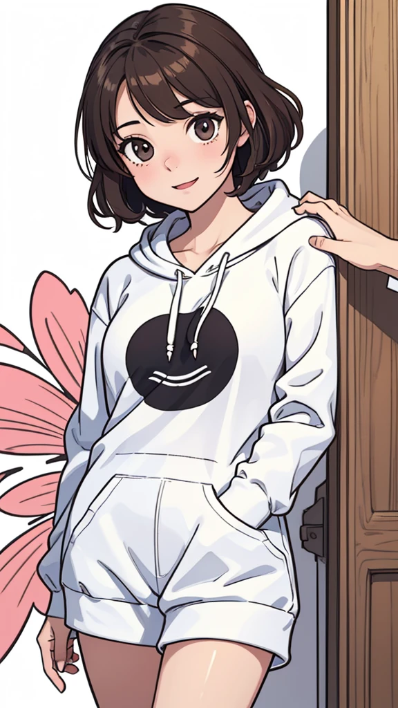 (((masterpiece, best quality, ultra highres, 1 girl, solo, no background))), super detailed skin and face and eyes and finger, beautiful japanese woman, small breasts:1.5, skinny, light brown hair, white background, very short curly pixie hair, (an illustration of girl), Knee shot, Generate with illustrations, Various expressions, Various poses, Please draw the entire character within the frame, ensuring that the head, arms, and legs are not cut off. The background should be simple, with the character positioned centrally, outline, anime, hoodie, laugh,