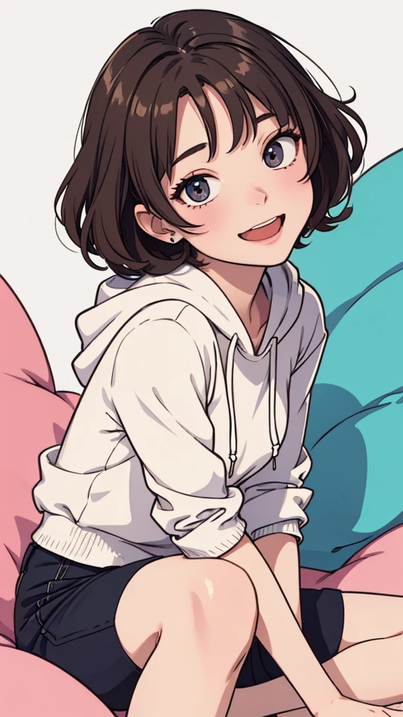 (((masterpiece, best quality, ultra highres, 1 girl, solo, no background))), super detailed skin and face and eyes and finger, beautiful japanese woman, small breasts:1.5, skinny, light brown hair, white background, very short curly pixie hair, (an illustration of girl), Knee shot, Generate with illustrations, Various expressions, Various poses, Please draw the entire character within the frame, ensuring that the head, arms, and legs are not cut off. The background should be simple, with the character positioned centrally, outline, anime, hoodie, laugh,