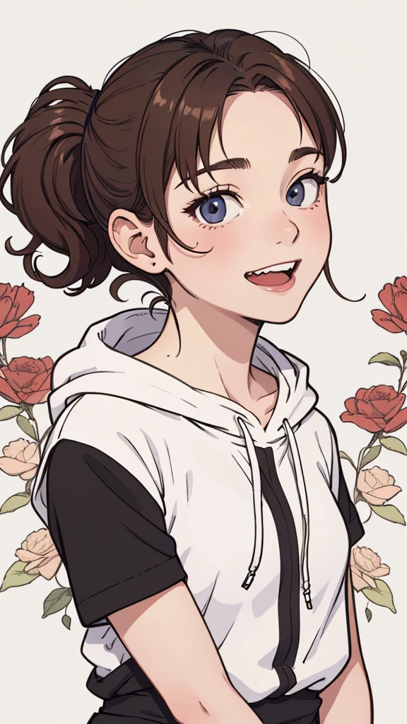 (((masterpiece, best quality, ultra highres, 1 girl, solo, no background))), super detailed skin and face and eyes and finger, beautiful japanese woman, small breasts:1.5, skinny, light brown hair, white background, very short curly pixie hair, (an illustration of girl), Knee shot, Generate with illustrations, Various expressions, Various poses, Please draw the entire character within the frame, ensuring that the head, arms, and legs are not cut off. The background should be simple, with the character positioned centrally, outline, anime, hoodie, laugh,