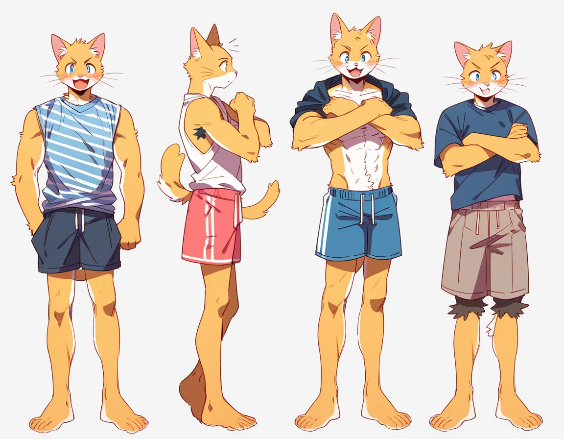 score_9, score_8_up, score_7_up, full body male, furry, high quality, hires, anthro, ager, 16 ymestic cat, yellow fur, blue eyes, excited expression, humanoid feet, slender body, prominent v-line, prominent abs, prominent legs, toned calves, prominent forearms, prominent knees, white background, treasure trail, armpit hair, fuzzy legs, low-rise shorts, in various poses, folded arms