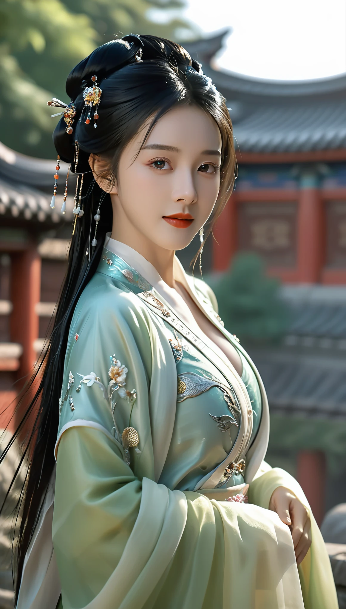 Ultra realistic,Intricate,Epic movie scene),1girl,hanfu,full body,(huge breasts:1.7),casting an otherworldly radiance on its surroundings,(Intricate, Lots of tiny details, amazing lighting, amazing setting),(Colorful, Ultra Realistic, High quality, Highly detailed, Sharp focus, 8K UHD, Ultra realism,(smile:0.3),,,,,seductive smile,off shoulder,,