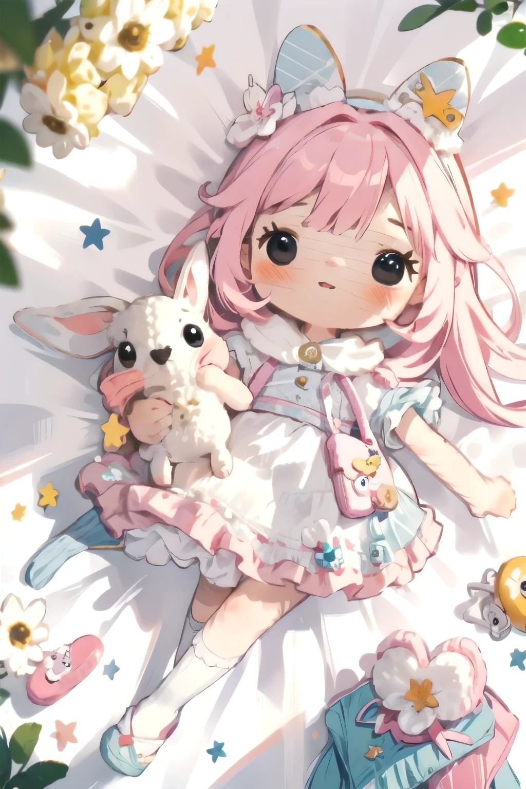 A dreamlike collaboration between a cute rabbit and a 、Girls in vibrant colors
