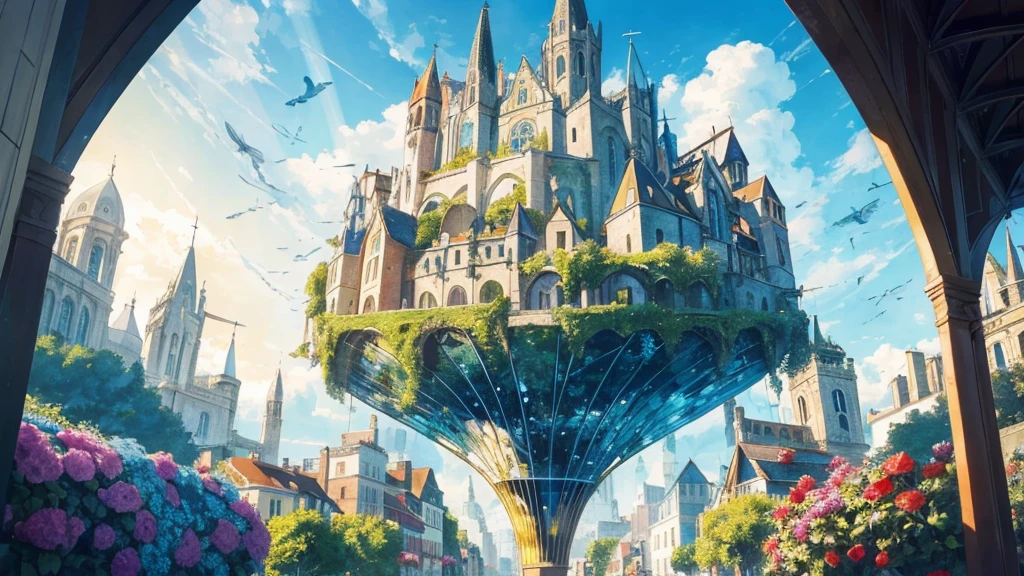 High resolution, ((masterpiece)), ((4K)), Highest quality:1.2, Cinema Lighting:0.9, Great Shadows, Caravaggio-esque shadows, ((Great perspective:1.2)), BREAK depicts a magical city in the sky, Surrounded by sun and clouds, (Vivid, Colorful floating islands), Complex glass building:1.2, Warm atmosphere, Rainbow light, ((Lush green plants and colorful trees all around々)), ((Great light, kaleidoscope)), Fantasy art, Official GME art, Concept Art:1.2 BREAK A beautiful glass town with birds flying in the blue sky. Create a flag with a logo representing your city. This image conveys a sense of travel., And inspiration.