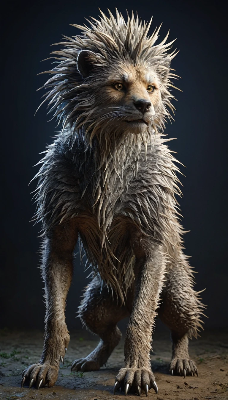 There is a kind of beast，Looks like a human，The body is covered with coarse, hard, and thorny hair（best quality，4K，8K，High level，masterpiece：1.2），Ultra Detailed，（lifelike，Photo real，Photo real：1.37），Highly detailed animals，Complex patterns，Realistic lighting，Fantasy Creatures