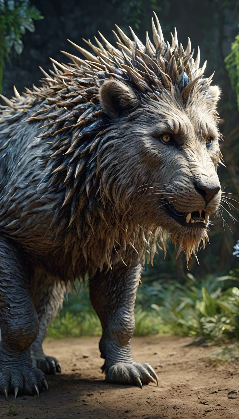 There is a kind of beast,Looks like a human,The body is covered with coarse, hard, and thorny hair(best quality,4K,8K,High level,masterpiece:1.2),Ultra Detailed,(lifelike,Photo real,Photo real:1.37),Highly detailed animals,Complex patterns,Realistic lighting,Fantasy Creatures