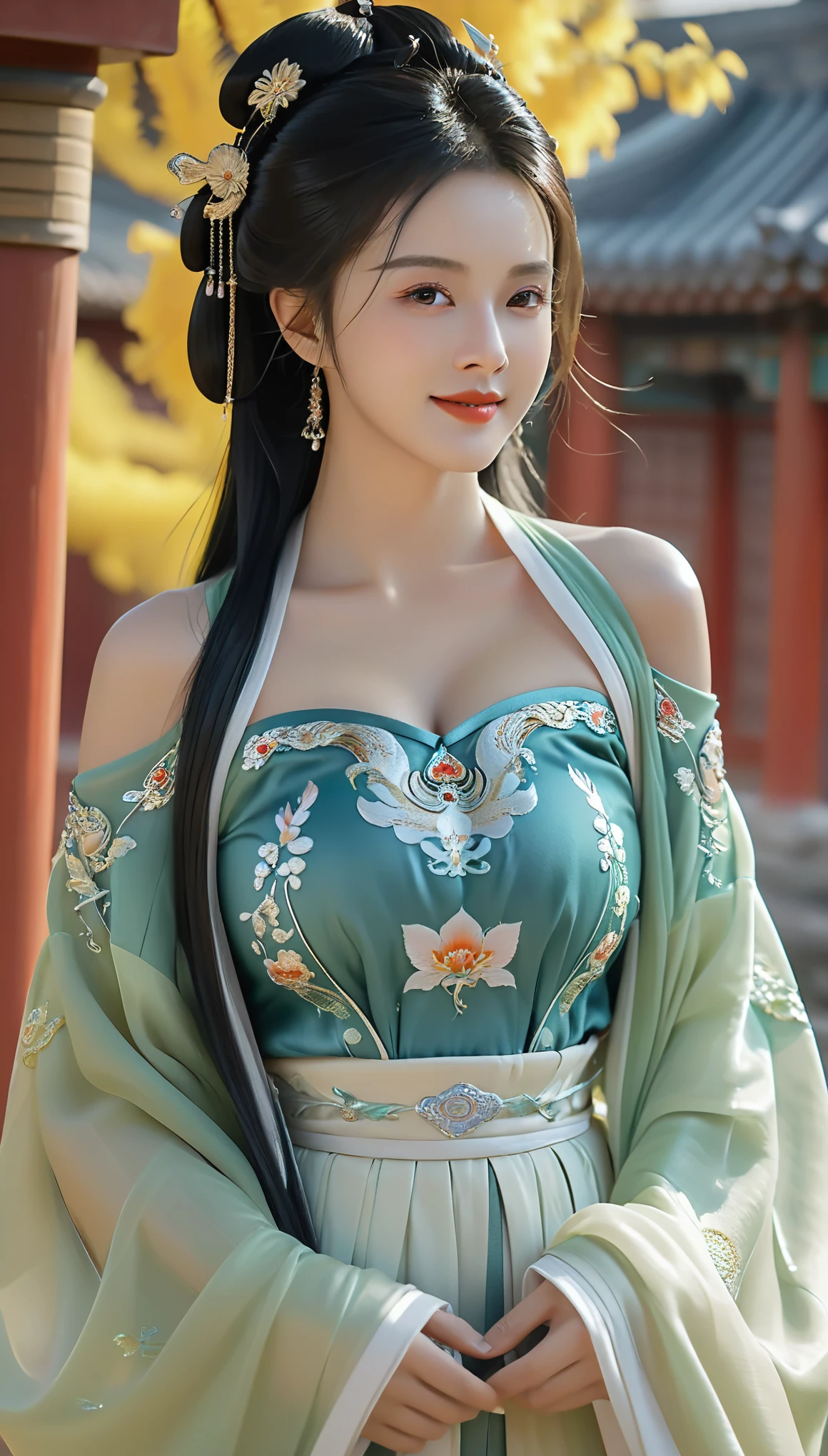 Ultra realistic,Intricate,Epic movie scene),1girl,hanfu,full body,(huge breasts:1.7),casting an otherworldly radiance on its surroundings,(Intricate, Lots of tiny details, amazing lighting, amazing setting),(Colorful, Ultra Realistic, High quality, Highly detailed, Sharp focus, 8K UHD, Ultra realism,(smile:0.3),,,,,seductive smile,off shoulder,,